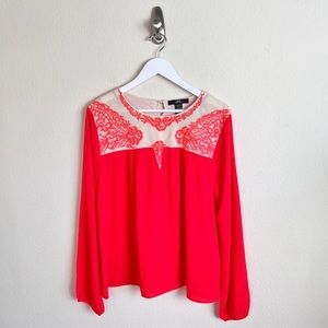 BKE Boutique Coral Pink & Cream Gold Sequin Embroidered Long Sleeve Blouse